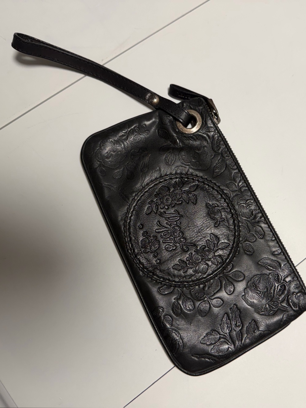 Diesel Black Embossed Floral Leather Wristlet